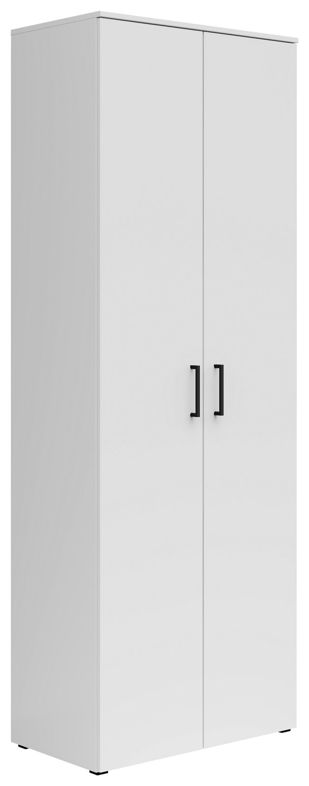 Weißer Mehrzweckschrank mit zwei Türen und schwarzen Griffen, seitliche Perspektive