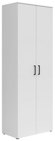 Weißer Mehrzweckschrank mit zwei Türen und schwarzen Griffen, seitliche Perspektive