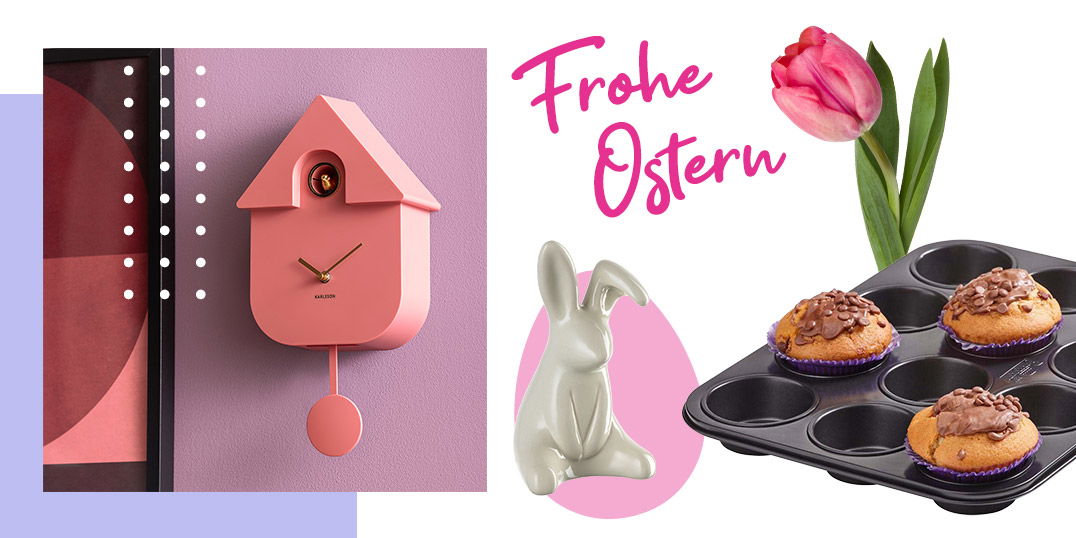 Frohe-Ostern-Szene mit rosa Kuckucksuhr, Tulpe, Hasenfigur und Muffinblech mit Oster-Muffins