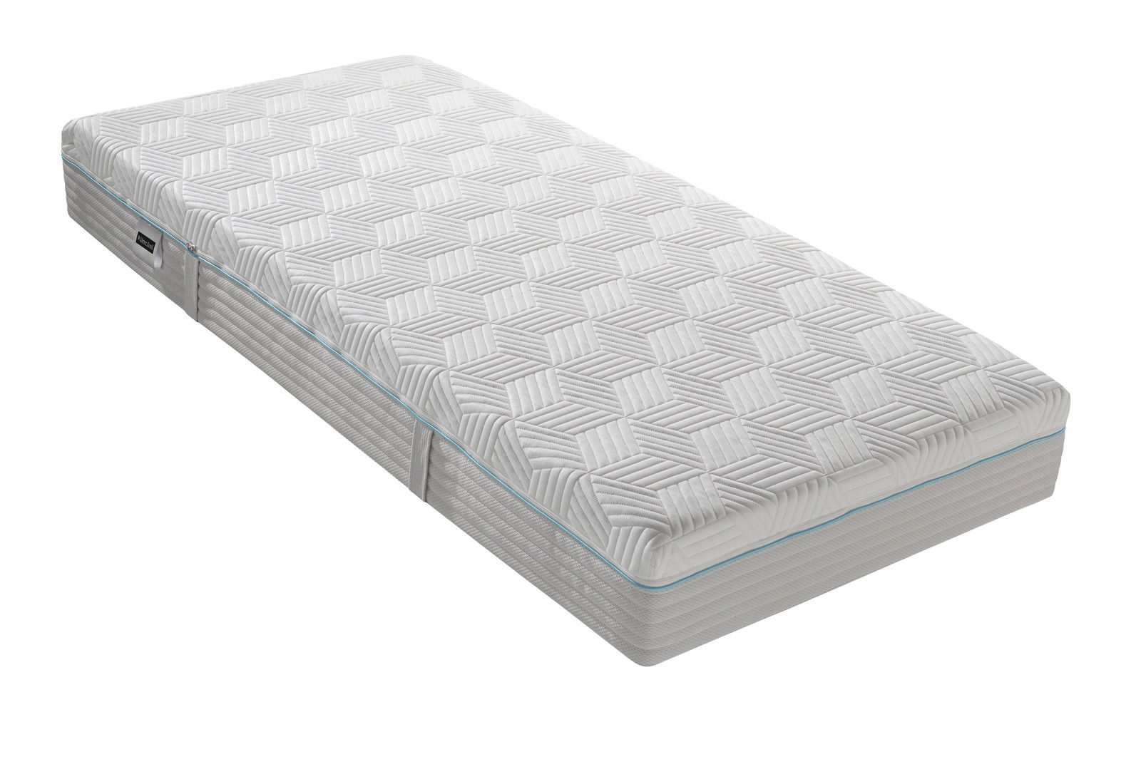 Dieter Knoll Gel-Taschenfederkernmat. H4 OPTIFLOW GEL TFK 26 Gel-Taschenfederkernmatratze in schräger Perspektive, mit geometrischem Muster auf der Oberfläche und seitlichem Etikett.