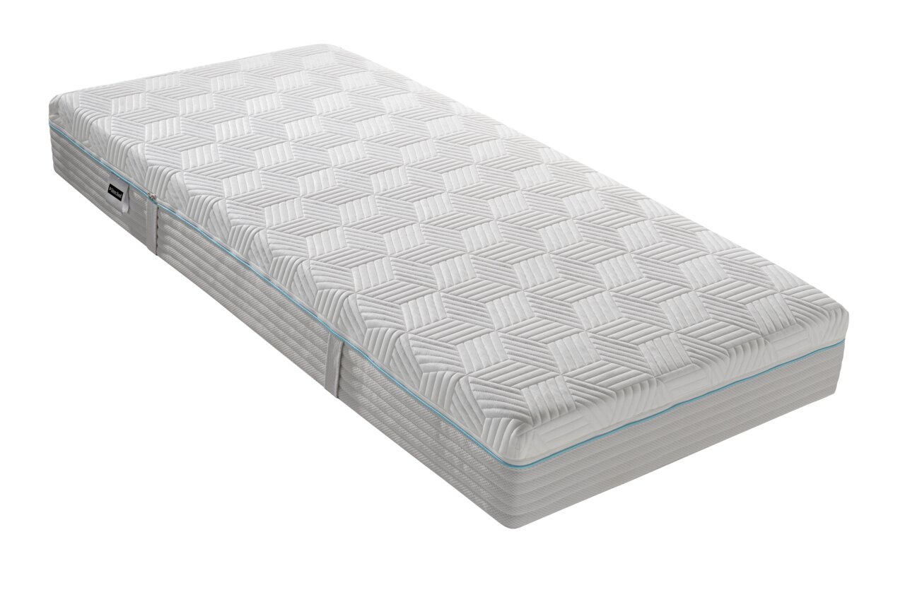 Dieter Knoll Gel-Taschenfederkernmat. H3 OPTIFLOW GEL TFK 26 Gel-Taschenfederkernmatratze in schräger Perspektive, mit geometrischem Muster auf der Oberfläche und seitlichem Etikett.