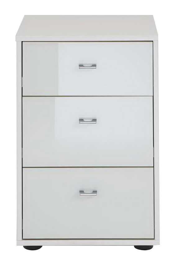 Weiße Nachtkonsole mit drei Schubladen, frontale Ansicht