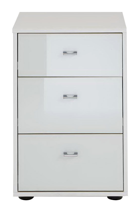 Weiße Nachtkonsole mit drei Schubladen, frontale Ansicht