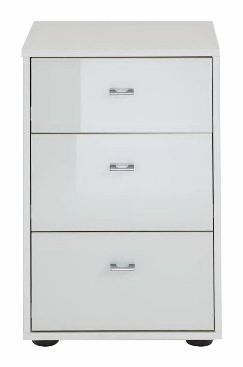 Weiße Nachtkonsole mit drei Schubladen, frontale Ansicht