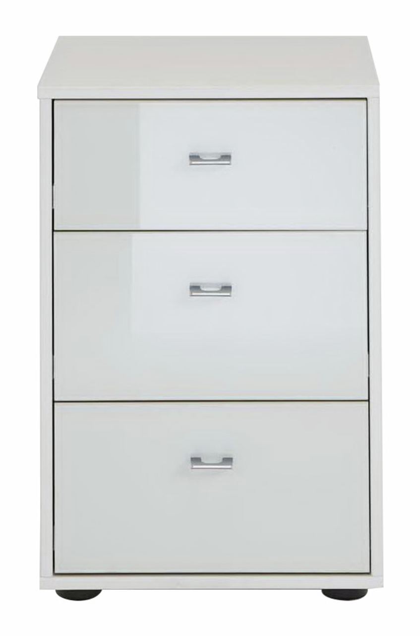 Weiße Nachtkonsole mit drei Schubladen, frontale Ansicht