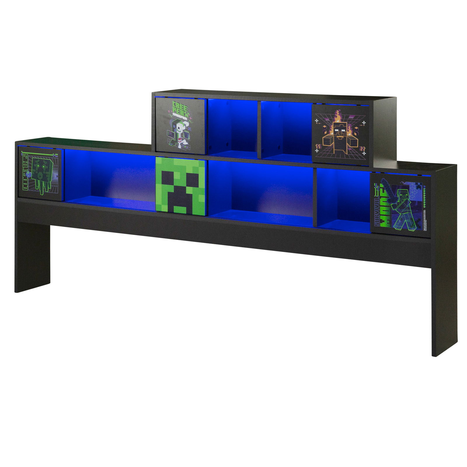 Regalaufsatz für Jugendbett mit blauer LED-Beleuchtung und dekorativen Grafiken, seitliche Perspektive