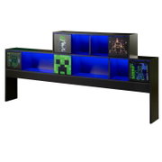 Bovenkast voor een jeugdbed met blauwe ledverlichting en decoratieve afbeeldingen, zijaanzicht