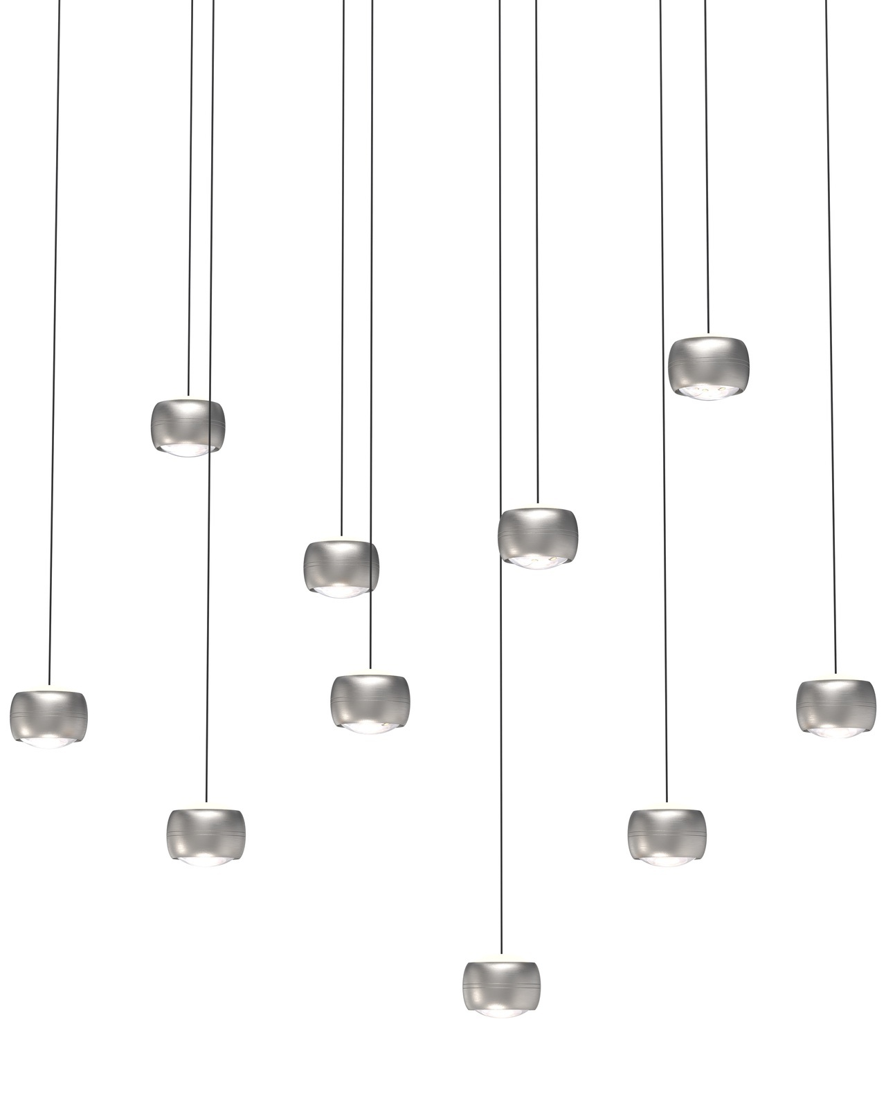 Mehrere LED-Pendelleuchten in einer modernen Anordnung, von unten betrachtet.