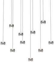 Mehrere LED-Pendelleuchten in einer modernen Anordnung, von unten betrachtet.