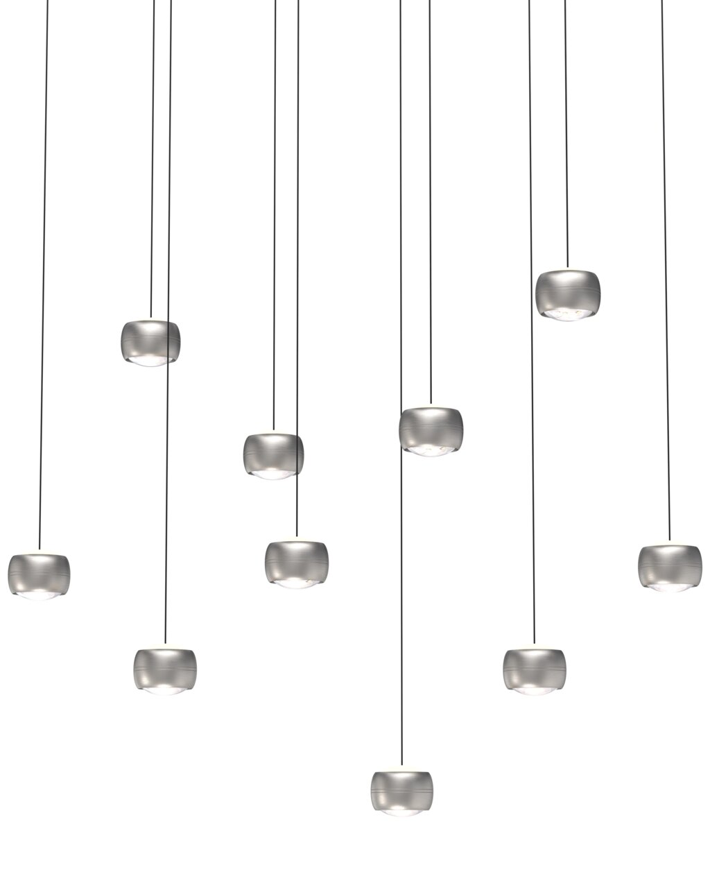 Mehrere LED-Pendelleuchten in einer modernen Anordnung, von unten betrachtet.