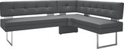 Moderne Eckbank in dunklem Leder mit Metallbeinen, seitliche Perspektive