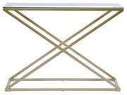 Moderne Konsole mit Glasplatte und goldfarbenem Metallgestell in X-Form, seitliche Perspektive