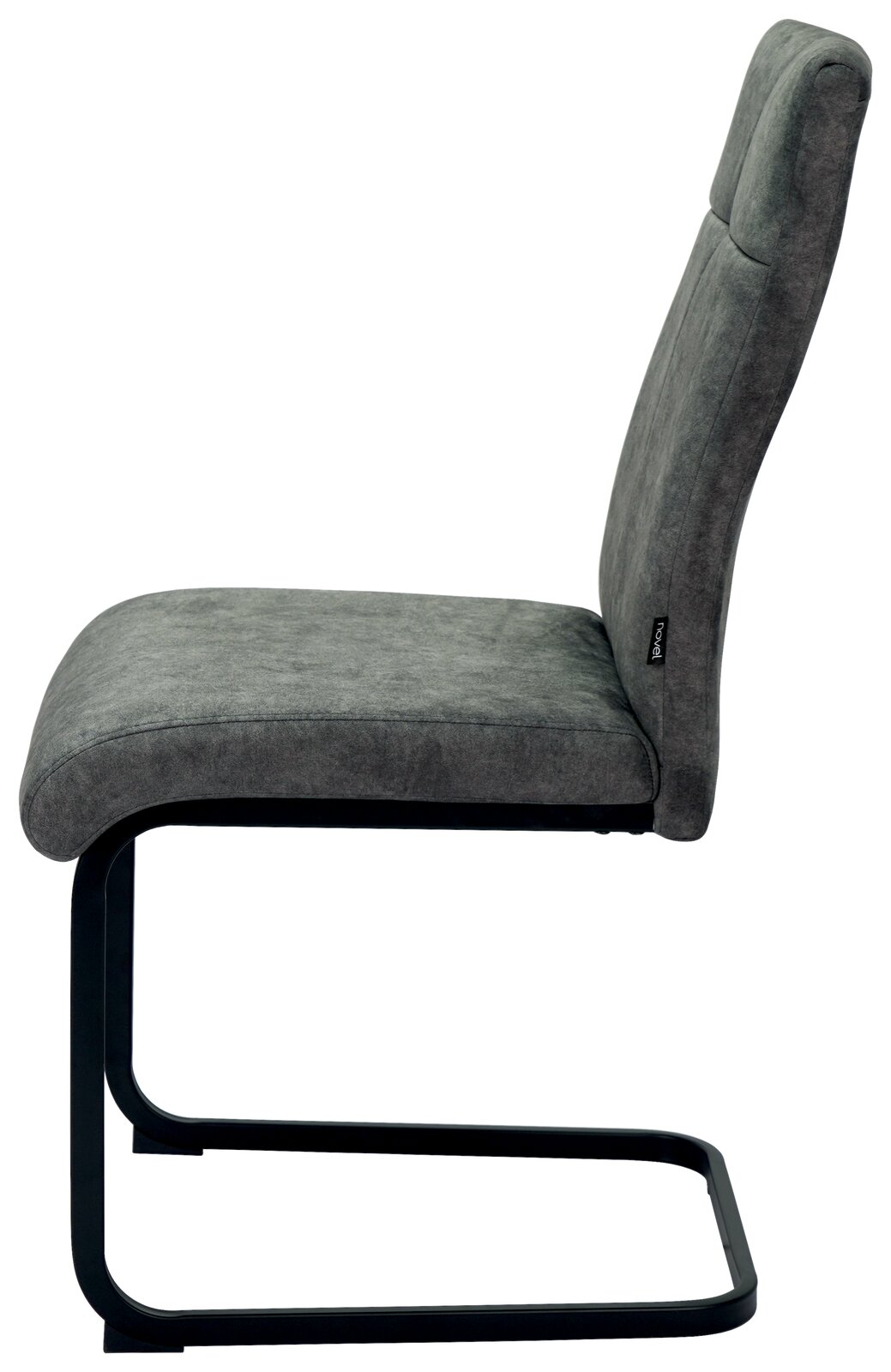 Seitenansicht eines grauen Schwingstuhls Novel GISMO mit schwarzem Metallgestell.