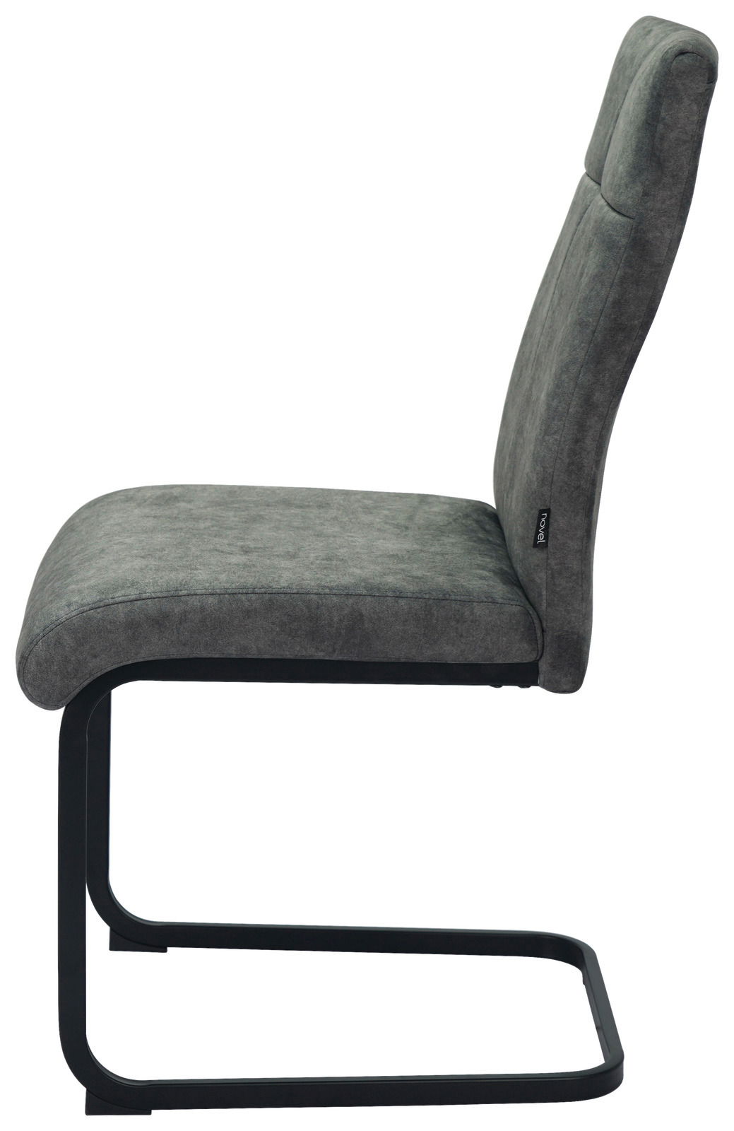 Seitenansicht eines grauen Schwingstuhls Novel GISMO mit schwarzem Metallgestell.