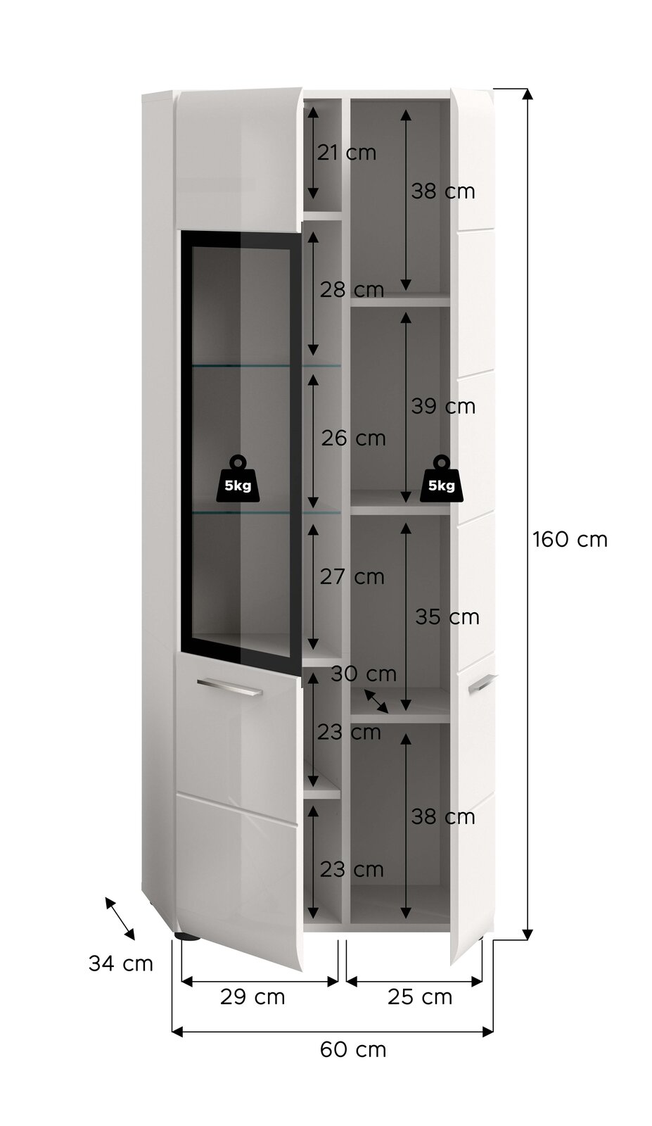Weißer Hochschrank/Badschrank mit Glastür und Einlegeböden, Maßgrafik mit Innenfachhöhen und Gesamtmaßen 160 x 60 x 34 cm, frontale Ansicht mit leicht geöffneter Tür.