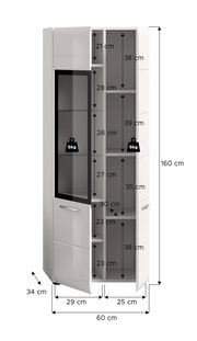 Weißer Hochschrank/Badschrank mit Glastür und Einlegeböden, Maßgrafik mit Innenfachhöhen und Gesamtmaßen 160 x 60 x 34 cm, frontale Ansicht mit leicht geöffneter Tür.