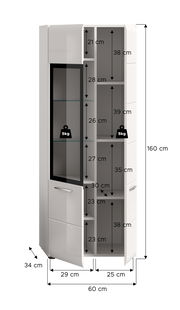 Weißer Hochschrank/Badschrank mit Glastür und Einlegeböden, Maßgrafik mit Innenfachhöhen und Gesamtmaßen 160 x 60 x 34 cm, frontale Ansicht mit leicht geöffneter Tür.