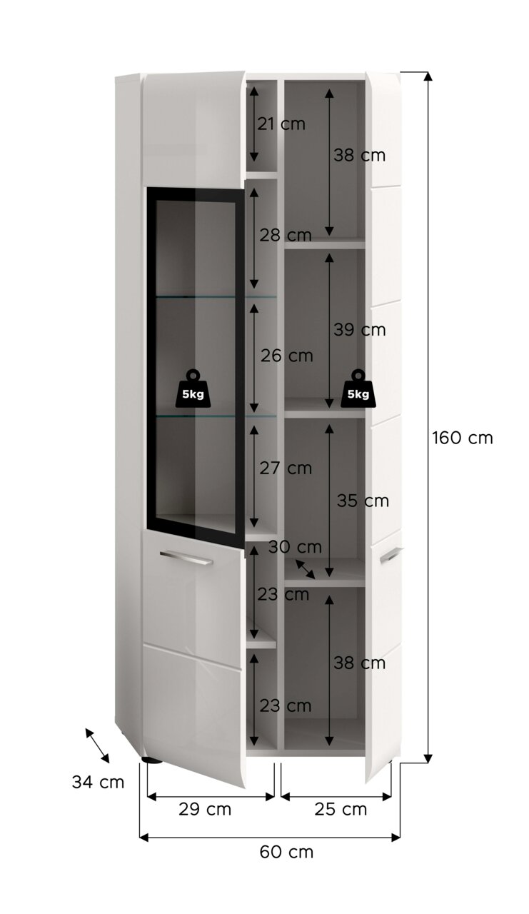 Weißer Hochschrank/Badschrank mit Glastür und Einlegeböden, Maßgrafik mit Innenfachhöhen und Gesamtmaßen 160 x 60 x 34 cm, frontale Ansicht mit leicht geöffneter Tür.