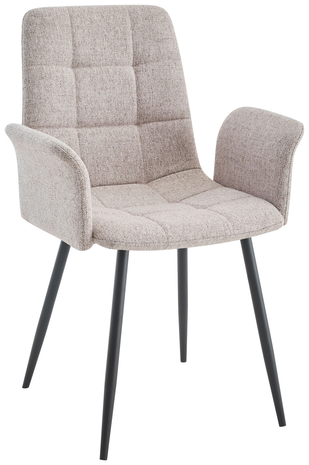 Beiger Armlehnstuhl mit gepolsterter Sitzfläche und Rückenlehne, schwarzes Metallgestell, seitliche Perspektive