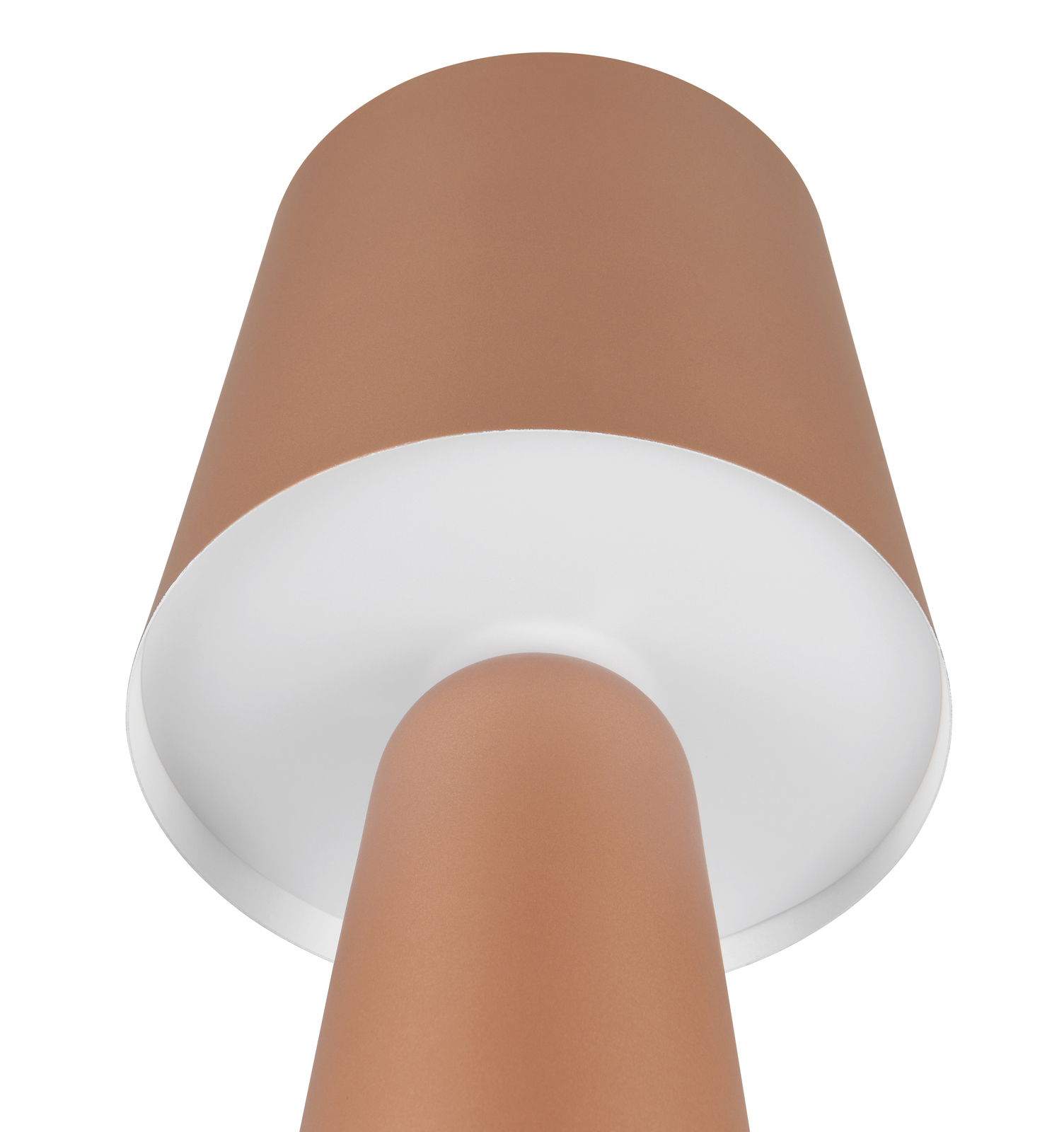 Nahaufnahme einer Tischleuchte Nubian in Braun und Weiß, von unten betrachtet.