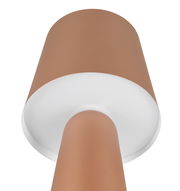 Nahaufnahme einer Tischleuchte Nubian in Braun und Weiß, von unten betrachtet.