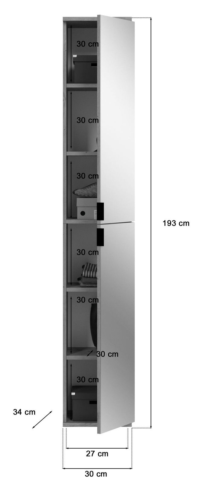 Schmaler, hoher Spiegelschrank mit mehreren Fächern, teilweise geöffnet, seitliche Perspektive.