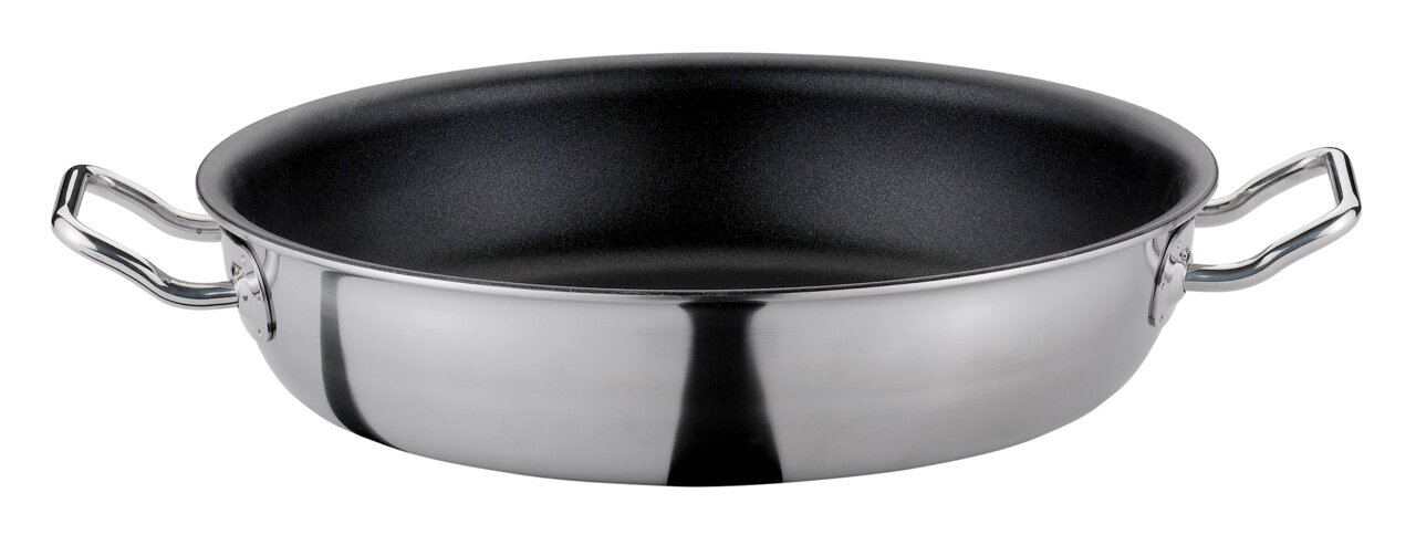 Servierpfanne XL CLASSIC 24 cm aus Edelstahl mit zwei Griffen, seitliche Perspektive