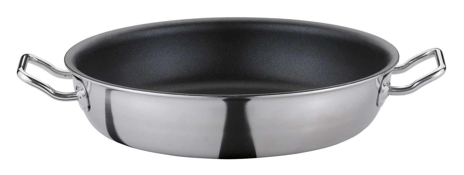 Servierpfanne XL CLASSIC 24 cm aus Edelstahl mit zwei Griffen, seitliche Perspektive