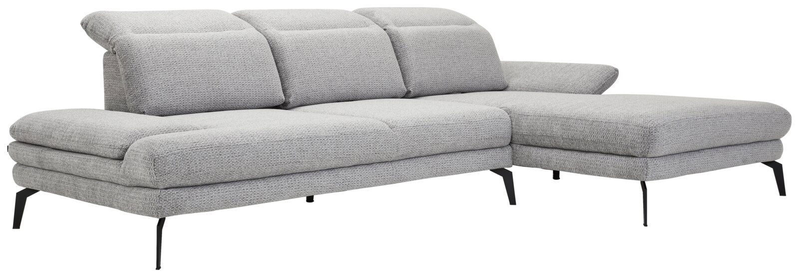 Stylife Longchairkombination RUBIO Graue Longchairkombination mit drei Sitzplätzen und einer Chaiselongue auf der rechten Seite, seitliche Perspektive.