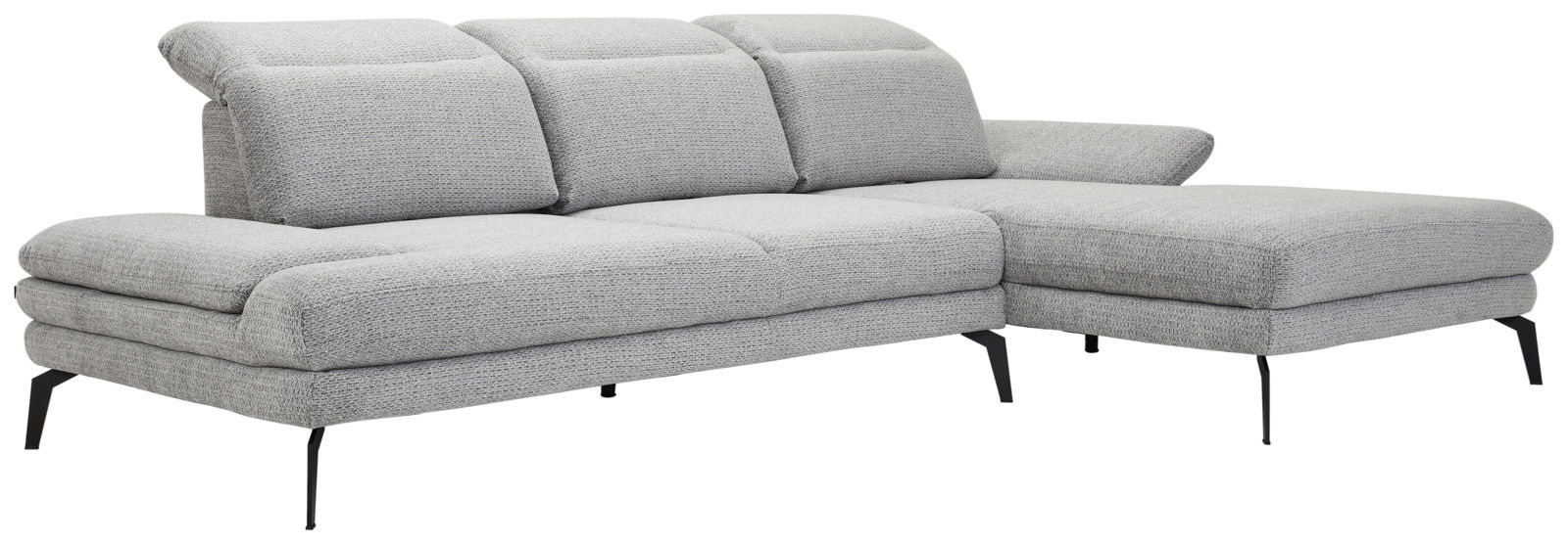 Graue Longchairkombination mit drei Sitzplätzen und einer Chaiselongue auf der rechten Seite, seitliche Perspektive.
