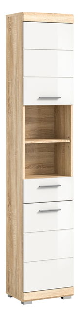 Moderner Hochschrank in Holzoptik mit weißen Hochglanzfronten, seitliche Perspektive
