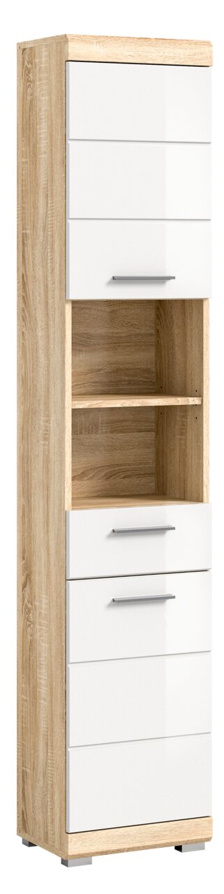 MID.YOU Hochschrank LAMBADA Moderner Hochschrank in Holzoptik mit weißen Hochglanzfronten, seitliche Perspektive