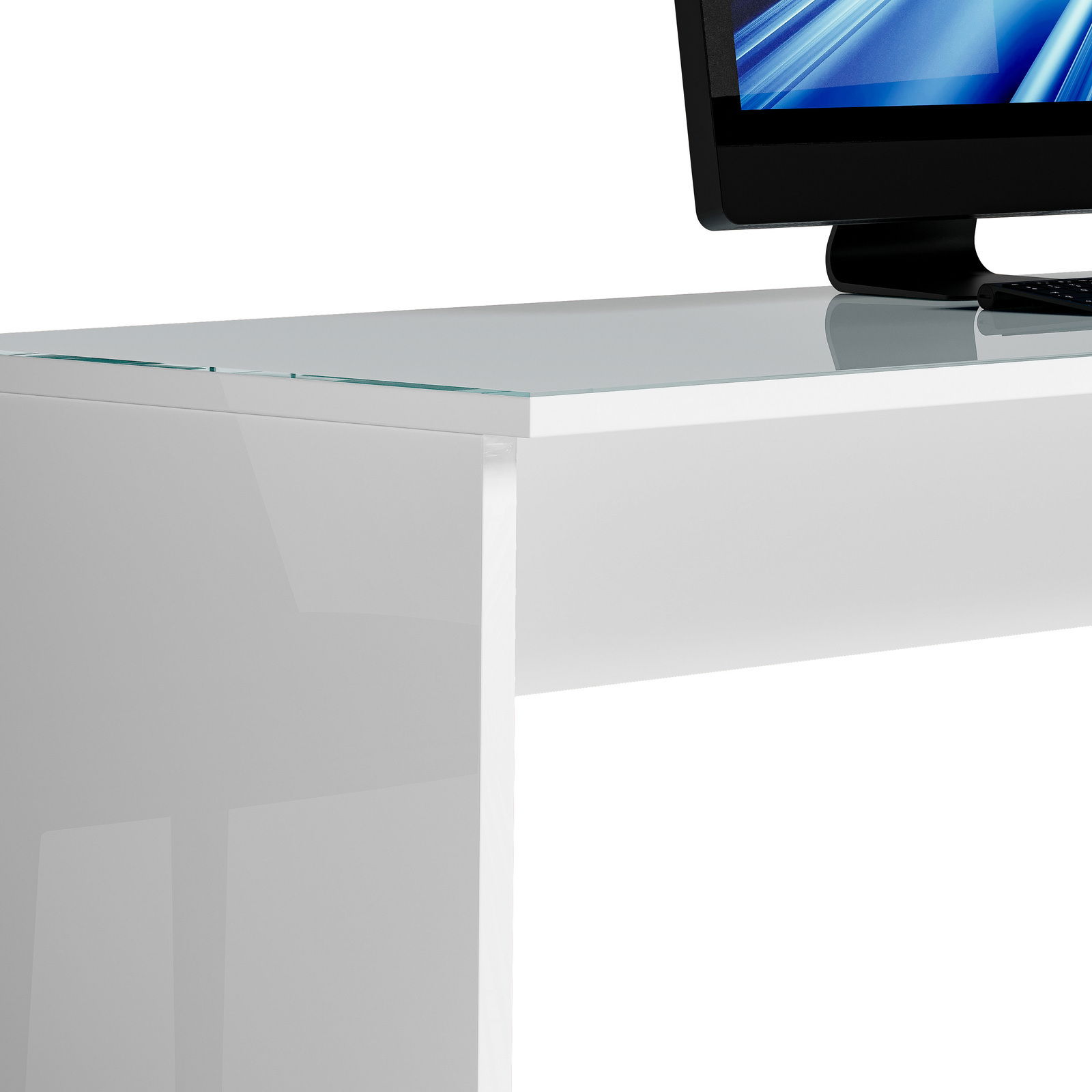 Moderner weißer Schreibtisch mit Glasplatte, seitliche Perspektive, mit einem Monitor darauf.