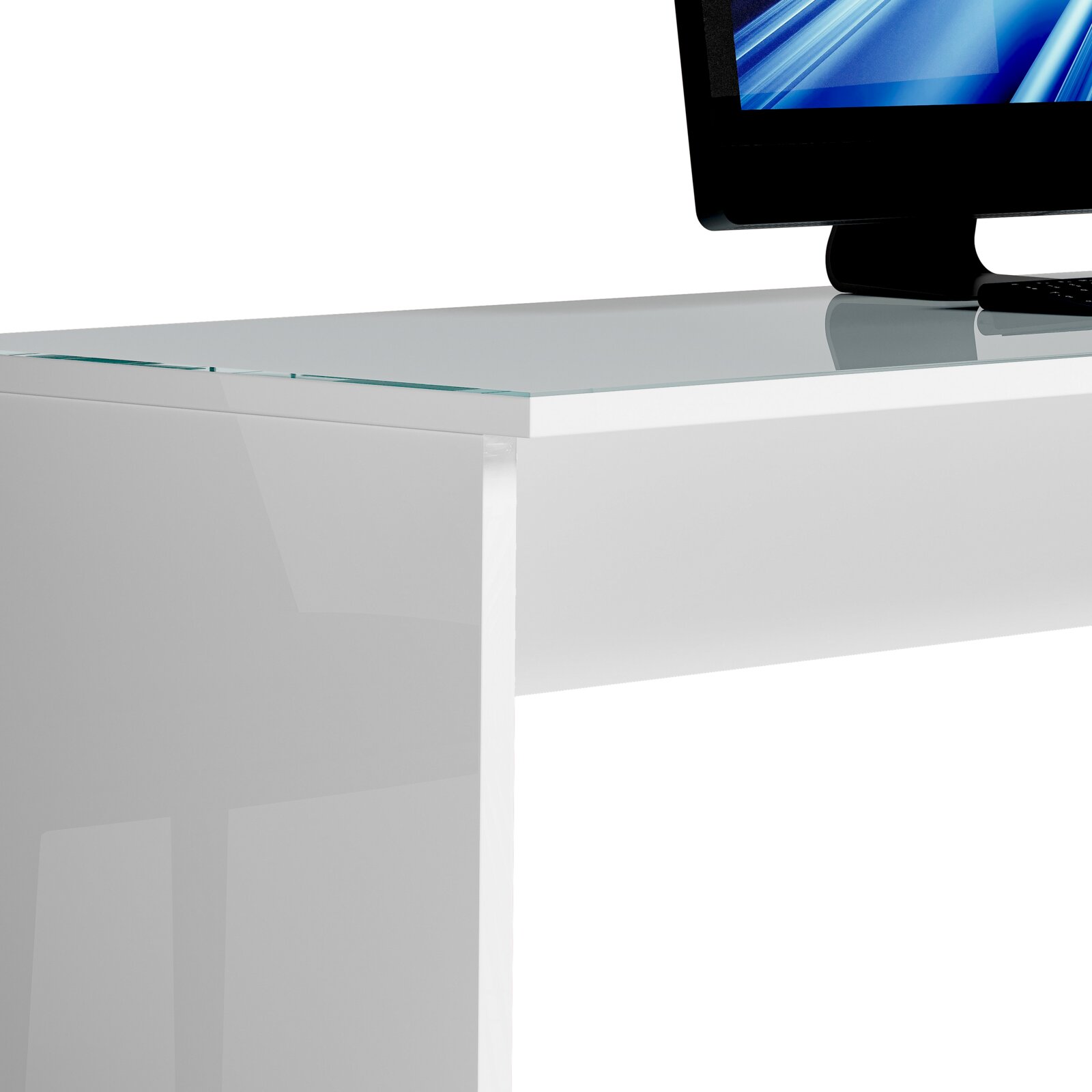 Moderner weißer Schreibtisch mit Glasplatte, seitliche Perspektive, mit einem Monitor darauf.