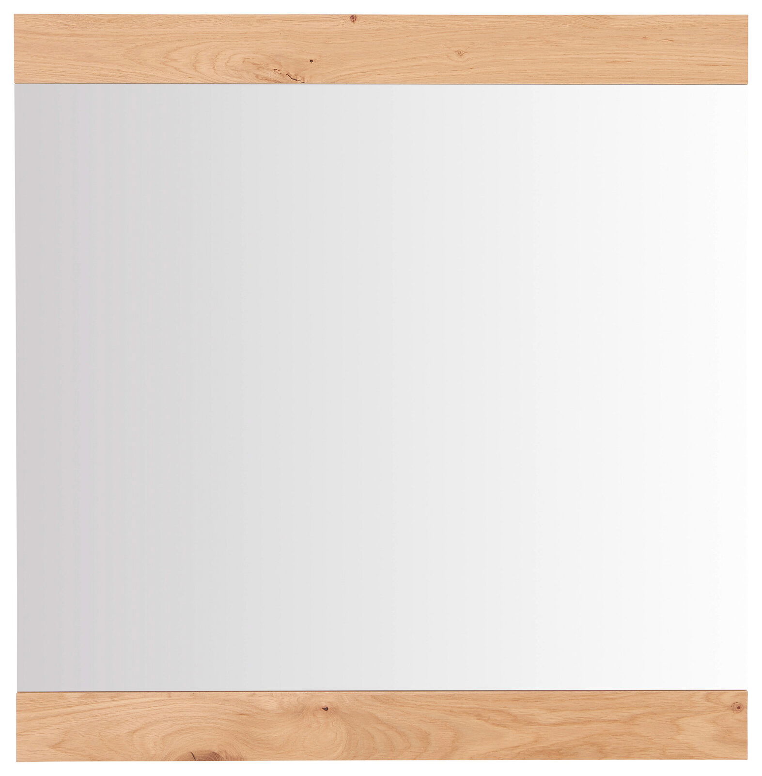 Rechteckiger Wandspiegel mit weißer Spiegelfläche und Holzleisten oben und unten, Frontalansicht