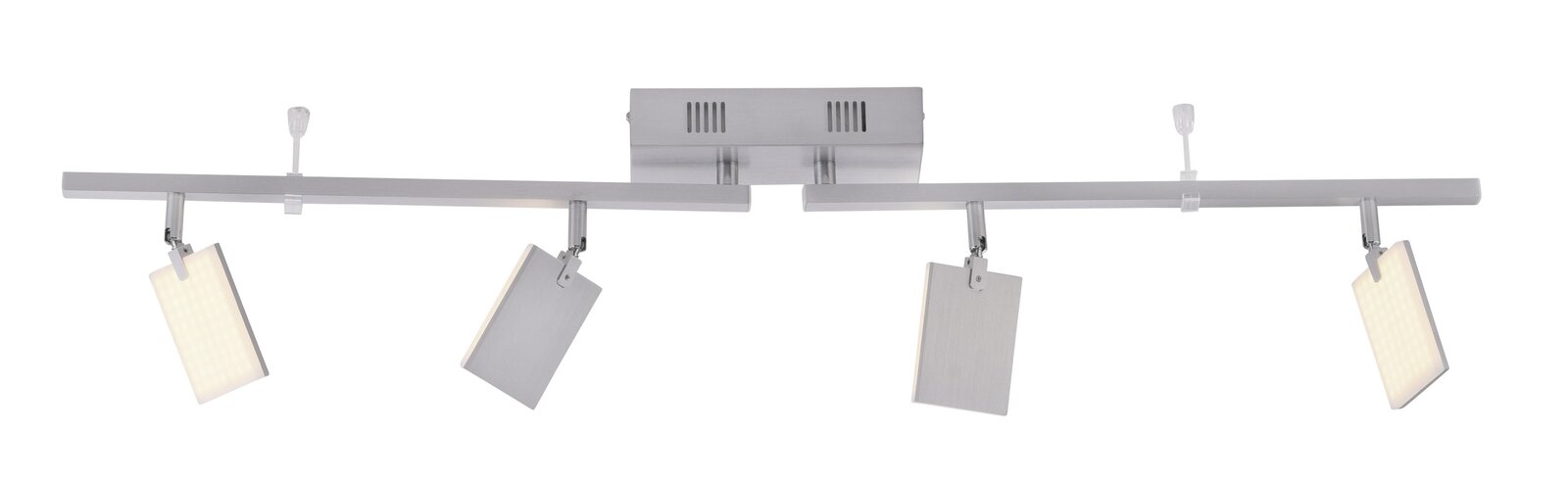 Moderne Deckenleuchte aus Aluminium mit vier rechteckigen, verstellbaren Leuchtflächen, seitliche Perspektive.
