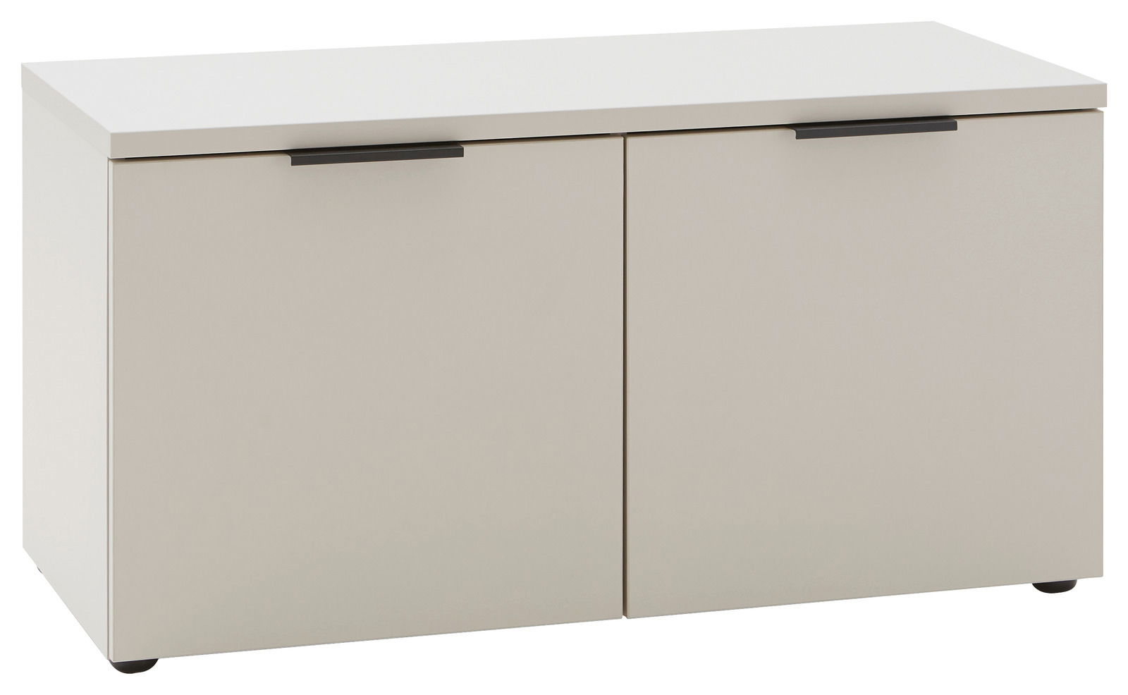 Schuhbank in cremeweißer Farbe mit zwei Türen und schwarzen Griffen, frontal betrachtet.