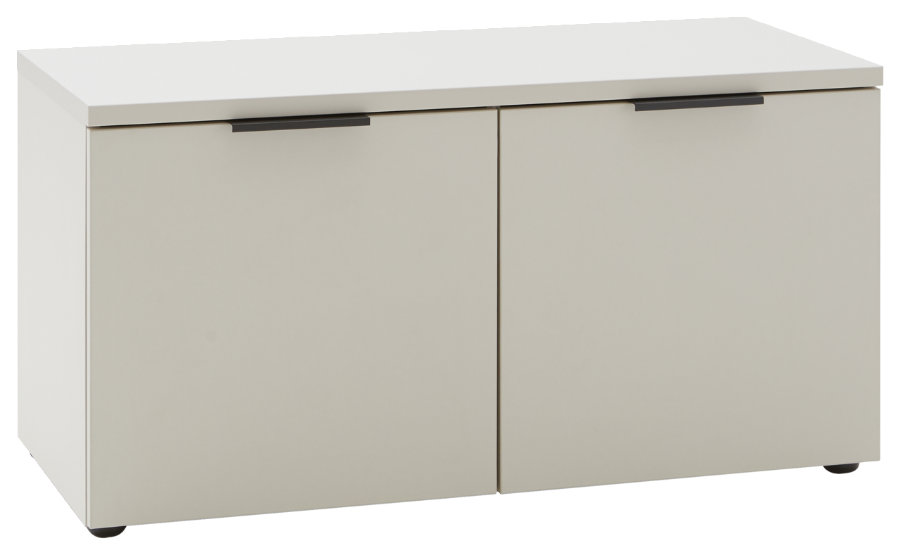 Voleo Schuhbank INDO Schuhbank in cremeweißer Farbe mit zwei Türen und schwarzen Griffen, frontal betrachtet.