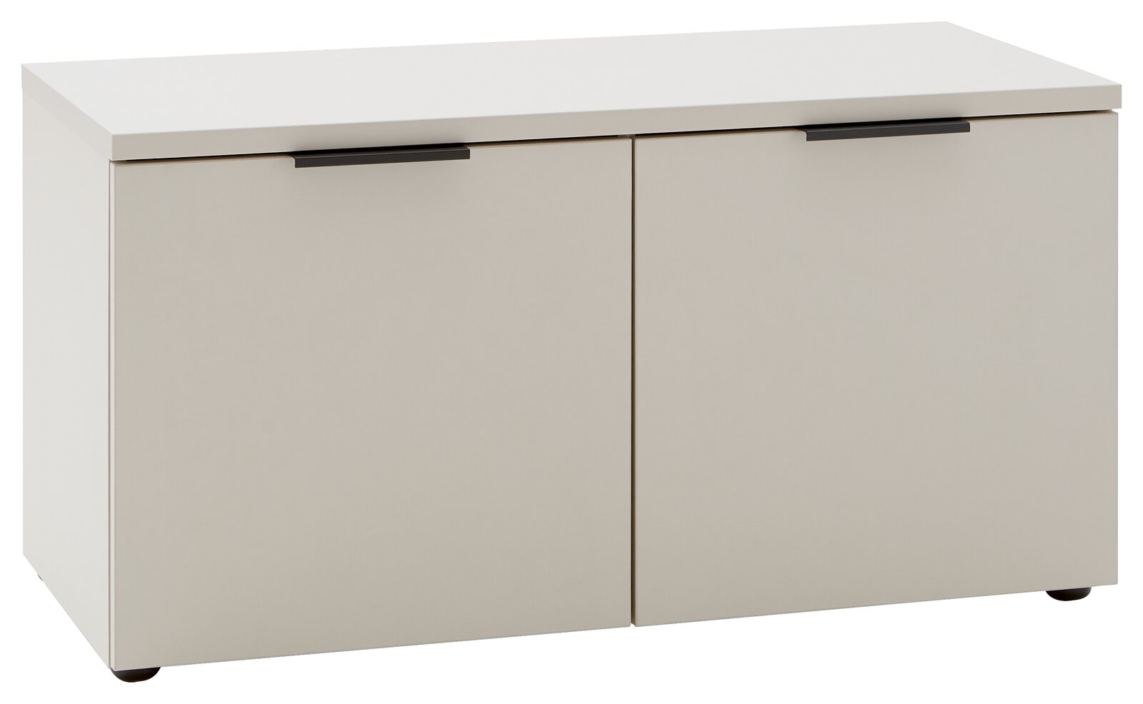 Voleo Schuhbank INDO Schuhbank in cremeweißer Farbe mit zwei Türen und schwarzen Griffen, frontal betrachtet.