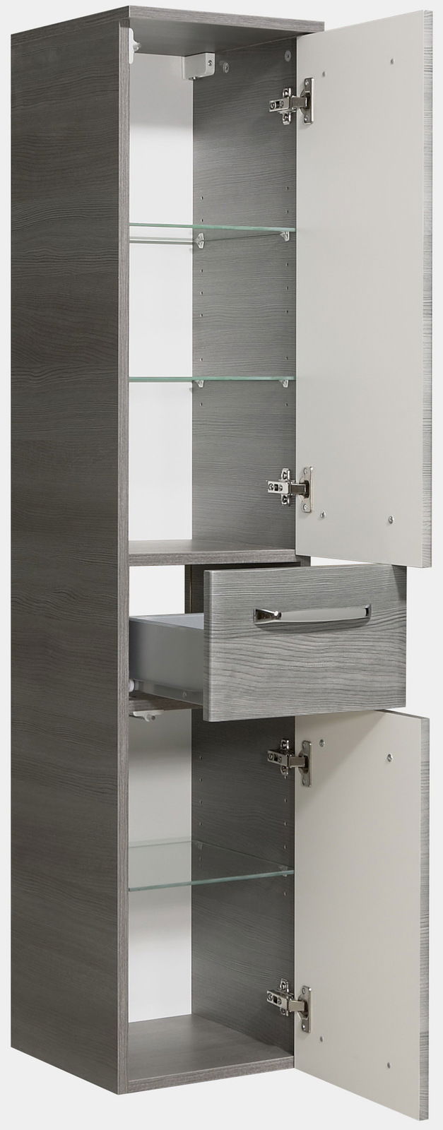 Grauer Midischrank mit zwei offenen Türen und einer Schublade, seitliche Perspektive