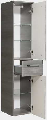 Grauer Midischrank mit zwei offenen Türen und einer Schublade, seitliche Perspektive