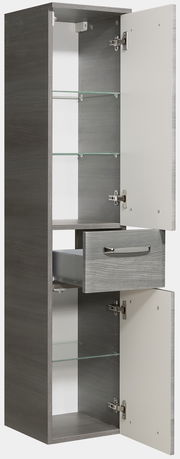 Grauer Midischrank mit zwei offenen Türen und einer Schublade, seitliche Perspektive