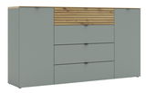 Frontale Ansicht eines modernen Sideboards mit grauen Türen und Schubladen, sowie einem Akzent aus Holzlatten.