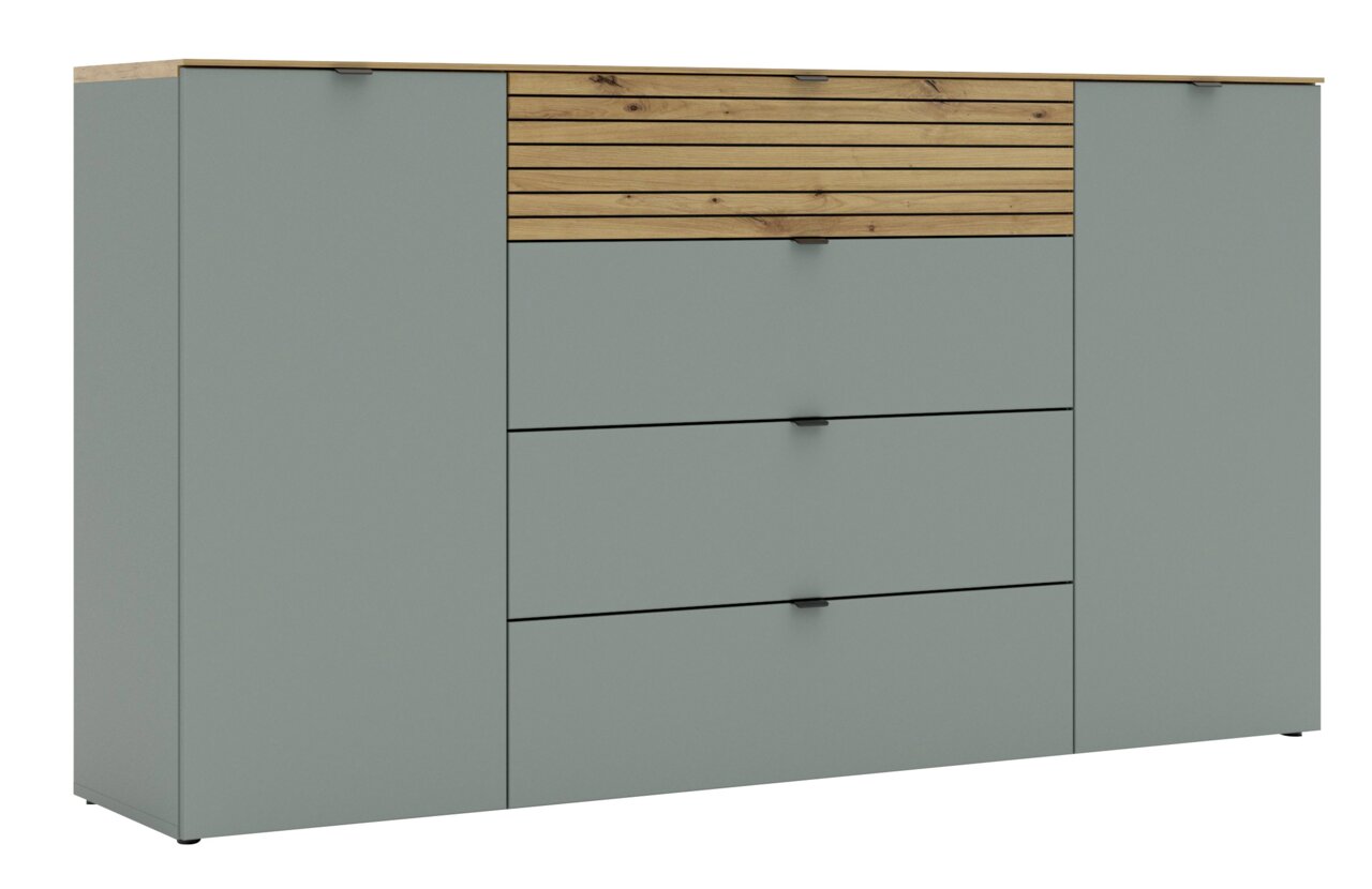 Frontale Ansicht eines modernen Sideboards mit grauen Türen und Schubladen, sowie einem Akzent aus Holzlatten.