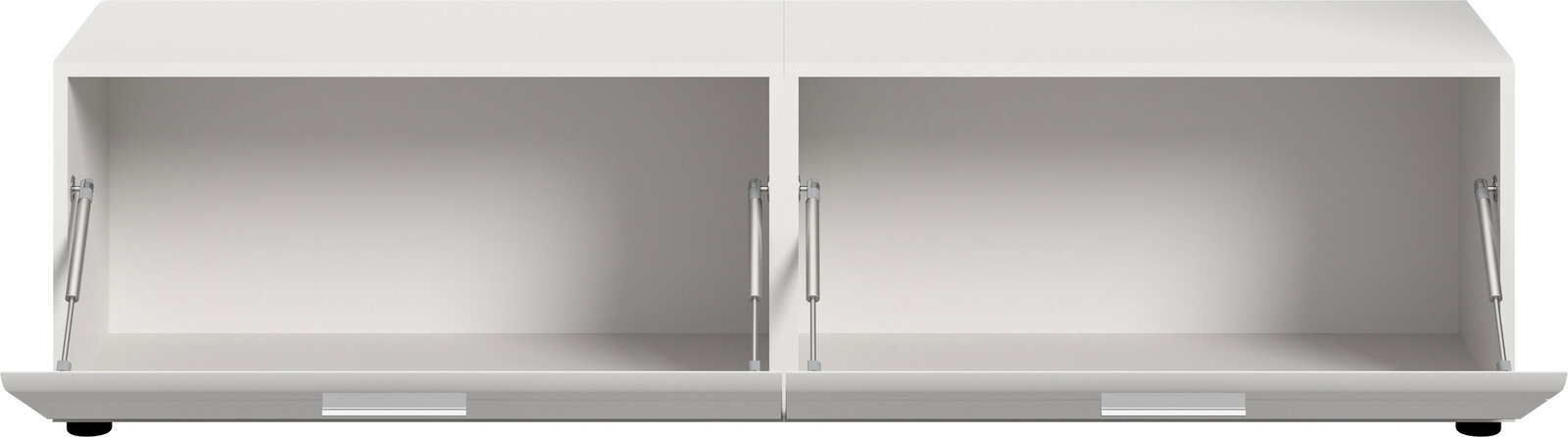 Weißer TV-Lowboard mit zwei nach unten aufklappbaren Fronten, geöffnet und mit zwei großen Fächern sowie Gasdruckdämpfern, Frontansicht.