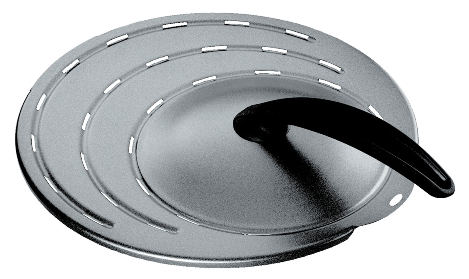 Spritzschutzdeckel aus Metall mit schwarzem Griff, Draufsicht