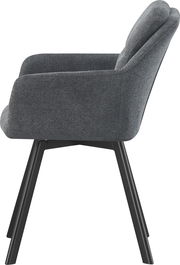 Gepolsterter Armlehnstuhl in Dunkelgrau mit schwarzem Metallgestell, Seitenansicht von links auf weißem Hintergrund