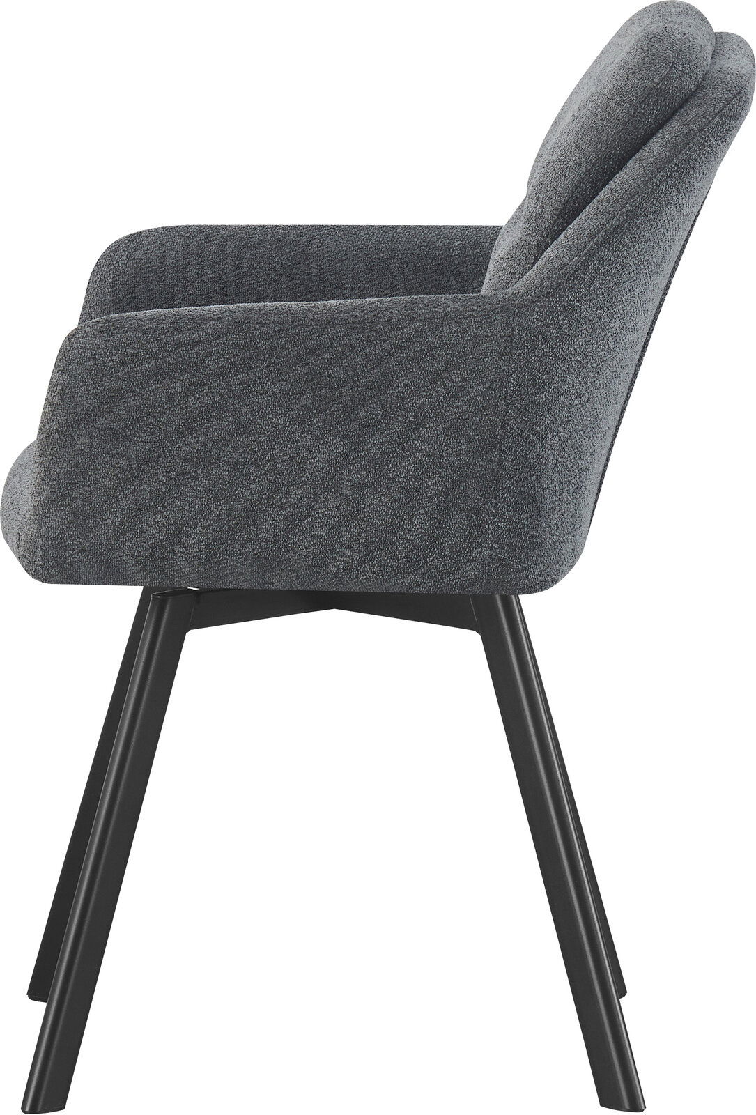Gepolsterter Armlehnstuhl in Dunkelgrau mit schwarzem Metallgestell, Seitenansicht von links auf weißem Hintergrund