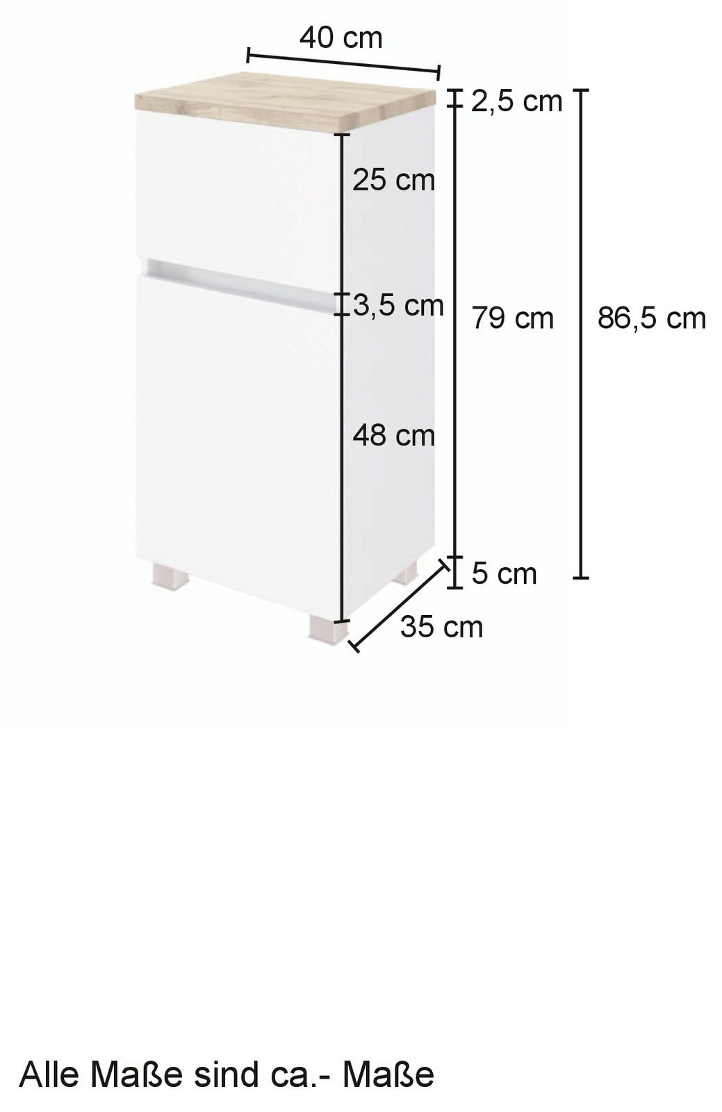 Weißer Unterschrank mit Holzplatte, Maße: 40 cm Breite, 35 cm Tiefe, 86,5 cm Höhe, seitliche Perspektive