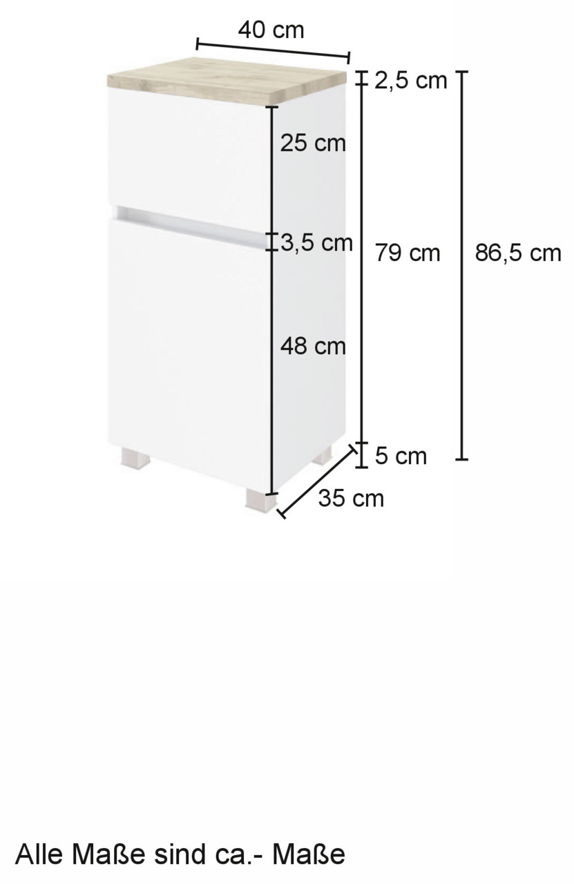 Weißer Unterschrank mit Holzplatte, Maße: 40 cm Breite, 35 cm Tiefe, 86,5 cm Höhe, seitliche Perspektive